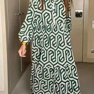 Geometric Green and White Maxi Dress
